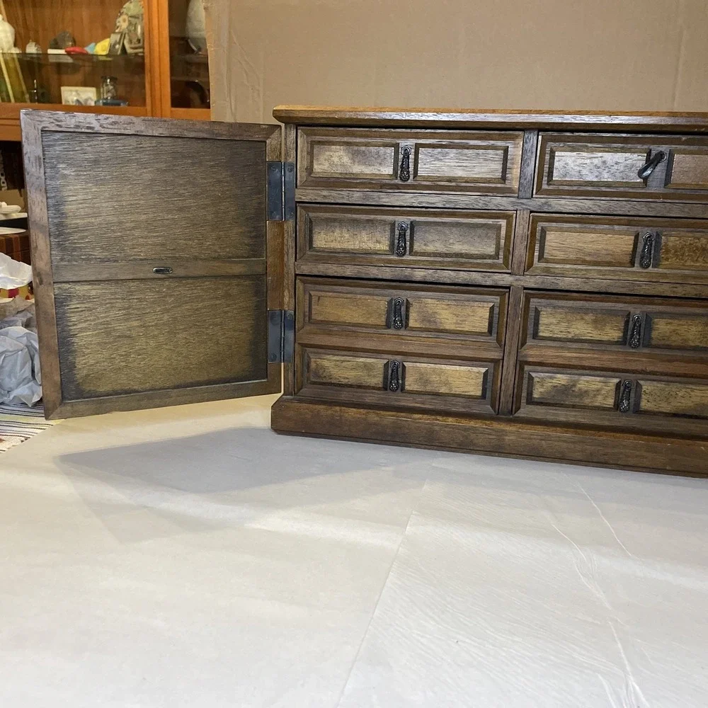 Large Wooden Chest Jewelry Box, Swing Open Doors, 6 Drawers, Mele‎ Japan Carved